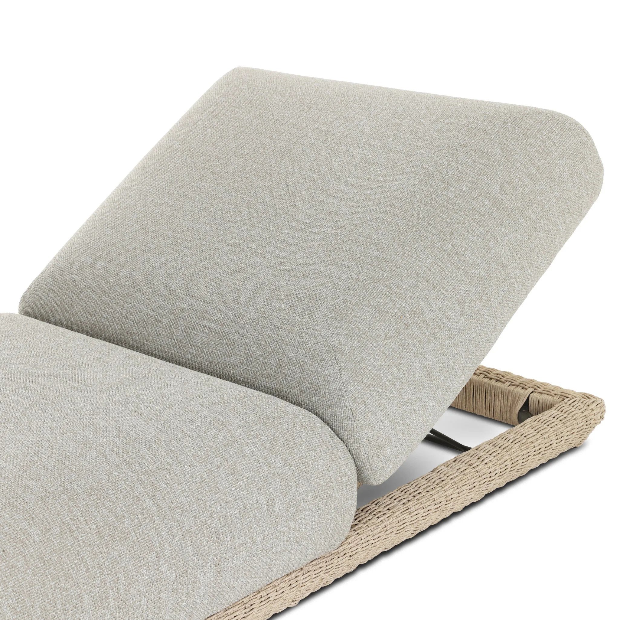 Play with contrast — in shape, material and proportion. Generous, sink-in cushioning sits atop a small, tapered woven plinth base, with structured upholstery with heavy texture inviting a comfortable sit on this outdoor chaise. Cover or store indoors during inclement weather and when not in use. Amethyst Home provides interior design, new home construction design consulting, vintage area rugs, and lighting in the Seattle metro area.