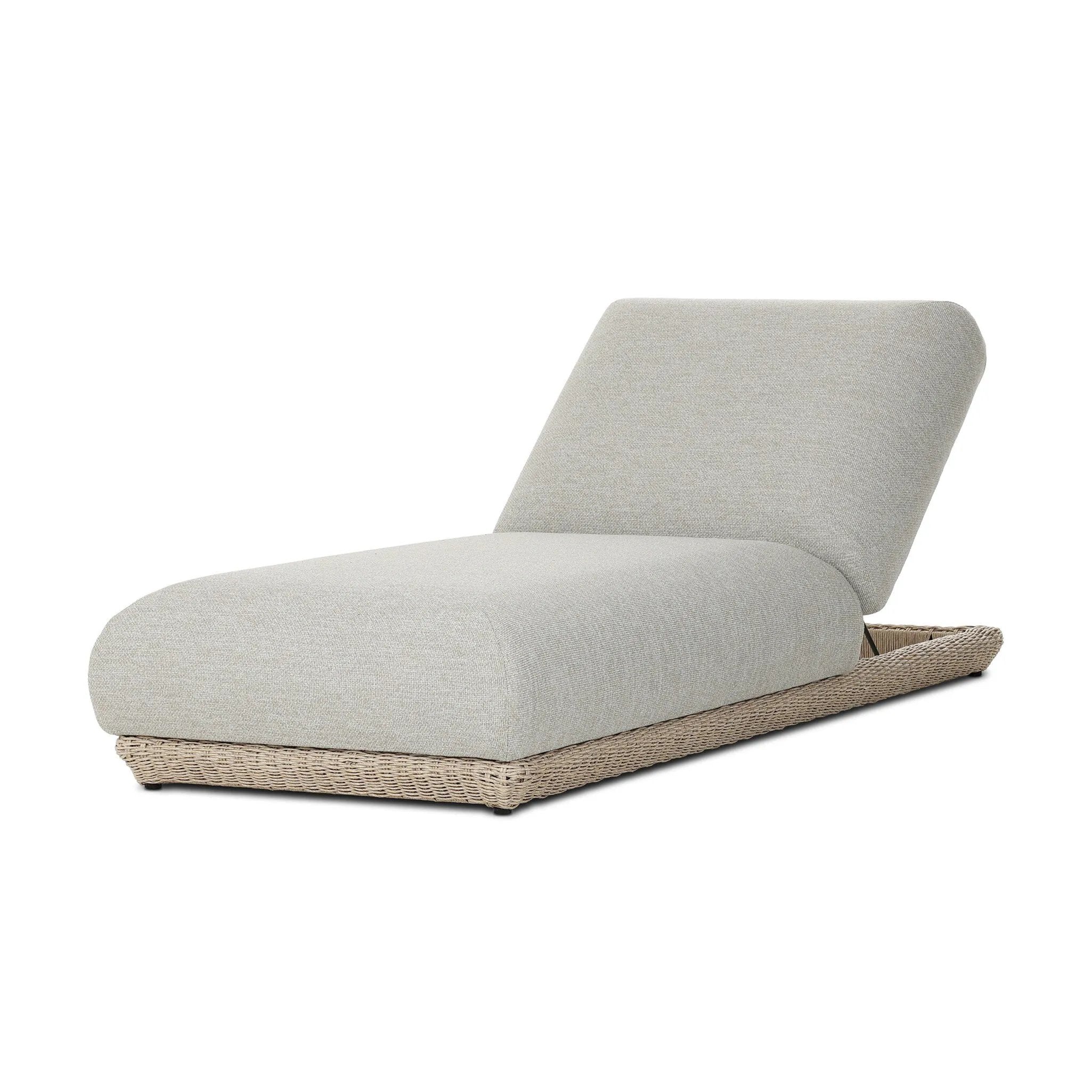 Play with contrast — in shape, material and proportion. Generous, sink-in cushioning sits atop a small, tapered woven plinth base, with structured upholstery with heavy texture inviting a comfortable sit on this outdoor chaise. Cover or store indoors during inclement weather and when not in use. Amethyst Home provides interior design, new home construction design consulting, vintage area rugs, and lighting in the Tampa metro area.
