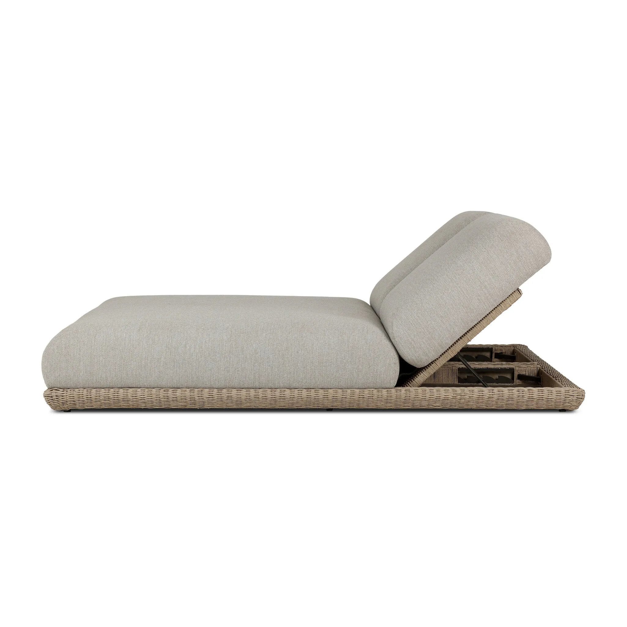Play with contrast — in shape, material and proportion. Generous, sink-in cushioning sits atop a small, tapered woven plinth base, with structured upholstery with heavy texture inviting a comfortable sit on this outdoor chaise. Cover or store indoors during inclement weather and when not in use. Amethyst Home provides interior design, new home construction design consulting, vintage area rugs, and lighting in the Tampa metro area.