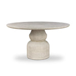 This outdoor dining table brings a fresh take to the classic pedestal silhouette. Shaped in an aged concrete that has lots of character and depth for an authentically weathered look. Cover or store inside during inclement weather and when not in use. Amethyst Home provides interior design, new home construction design consulting, vintage area rugs, and lighting in the Nashville metro area.