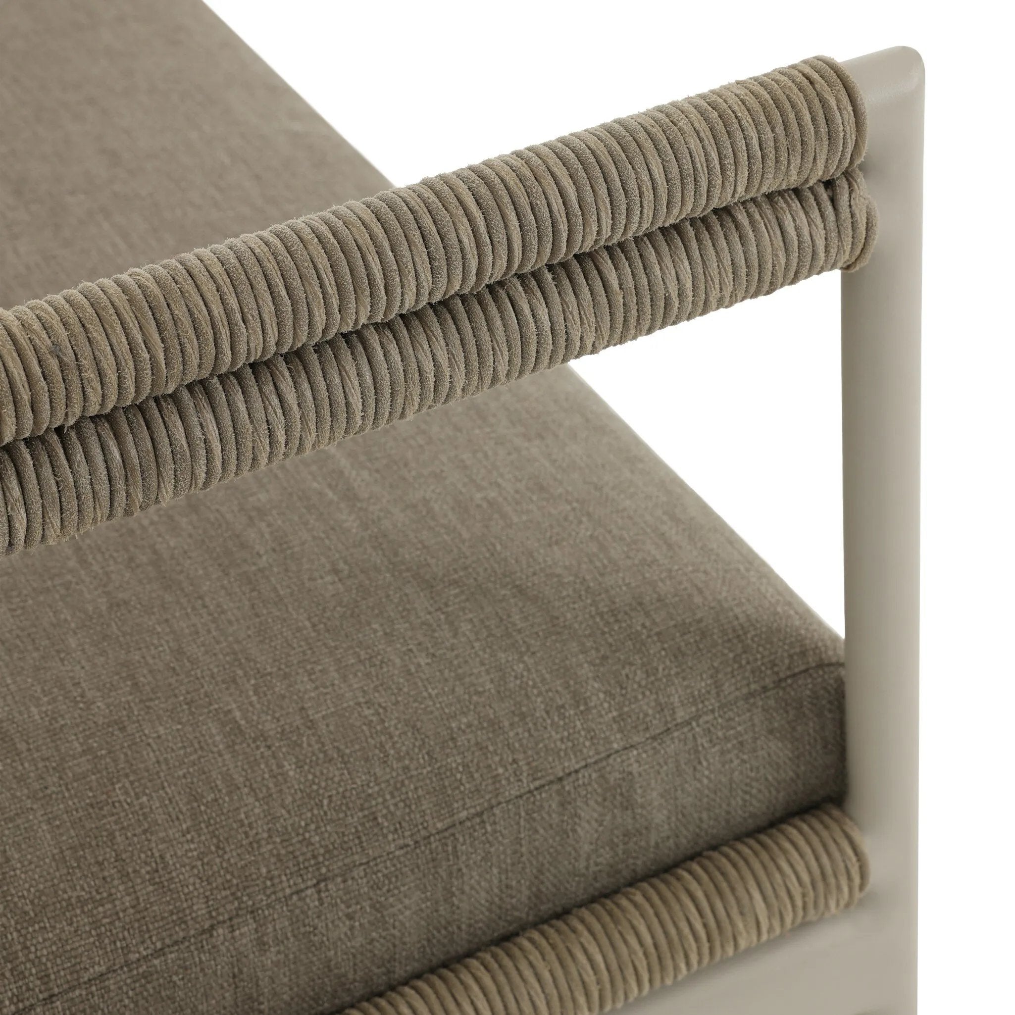 It's all in the mix with this outdoor chair, featuring a rich upholstery with a brushed texture, cord-wrapped arms and a woven back. The low-lying frame makes this the perfect seat for lounging. Cover or store inside during inclement weather and when not in use. Amethyst Home provides interior design, new home construction design consulting, vintage area rugs, and lighting in the Austin metro area.