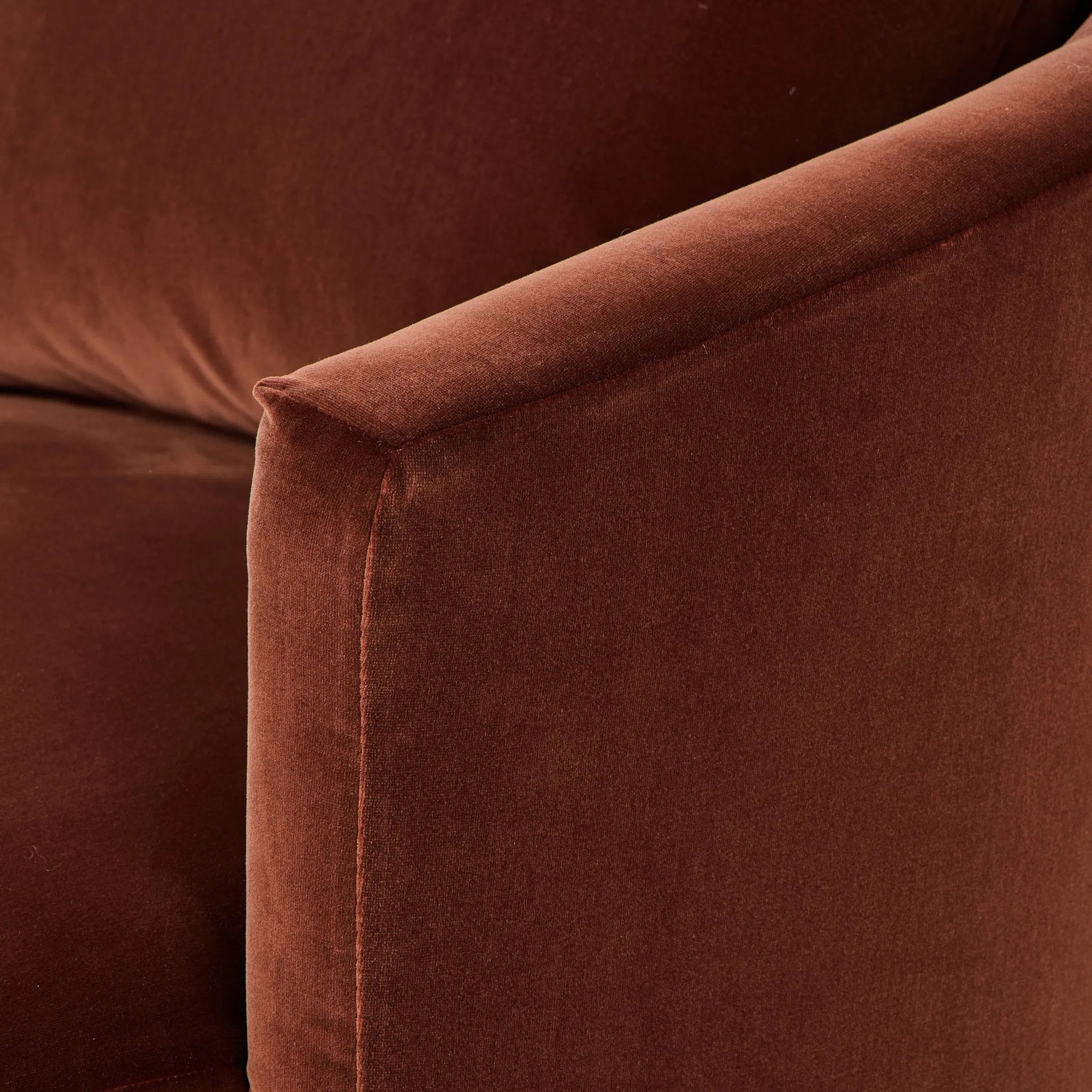 Casual and sculpted, velvety auburn fabric and a pill-shaped chaise take this lounger to the next level Amethyst Home provides interior design, new home construction design consulting, vintage area rugs, and lighting in the Scottsdale metro area.