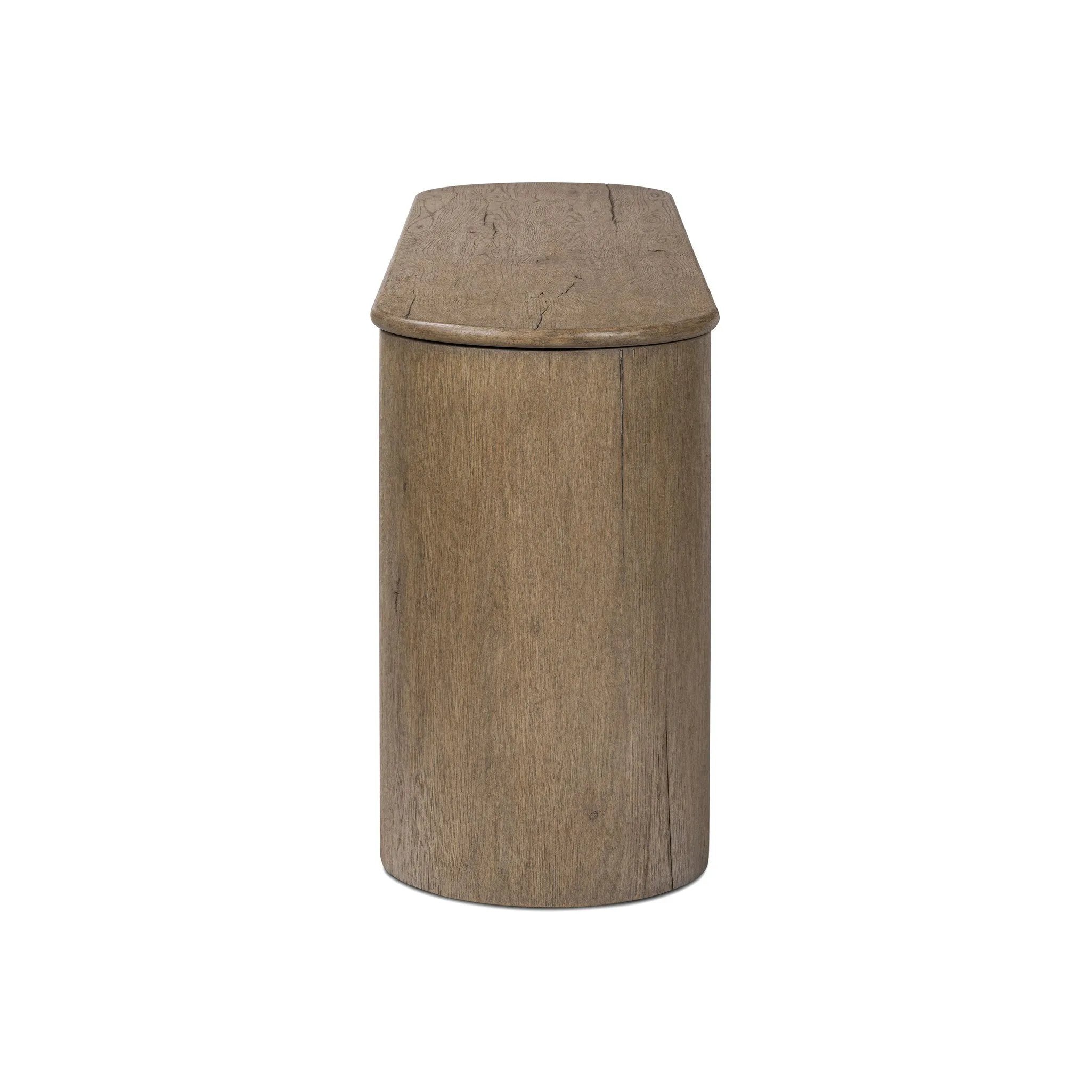 Featuring Farrow Drifted Oak Veneer Console Table by Four Hands at Amethyst Home. A simple pill-shaped console table, refreshed with intriguing design details. Made from warm, light-finished oak, open lower shelving creates endless storage and styling options for your living or media room. Three drawers bring even more storage, while bullnose and relief detai. Amethyst Home provides interior design, new home construction design consulting, vintage area rugs, and lighting in the Houston metro area.