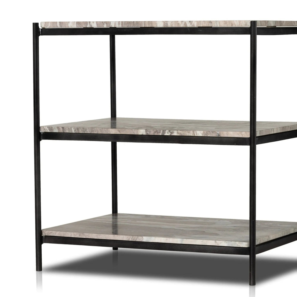 Add a pop of sophistication to any space. Naturally variegated marble hues offer three refreshing tiers of smooth shelving for plenty of space, while hammered grey-finished iron framing places a feminine, high-contrast spin on bedside storage Amethyst Home provides interior design, new home construction design consulting, vintage area rugs, and lighting in the Laguna Beach metro area.