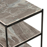 Add a pop of sophistication to any space. Naturally variegated marble hues offer three refreshing tiers of smooth shelving for plenty of space, while hammered grey-finished iron framing places a feminine, high-contrast spin on bedside storage Amethyst Home provides interior design, new home construction design consulting, vintage area rugs, and lighting in the Nashville metro area.