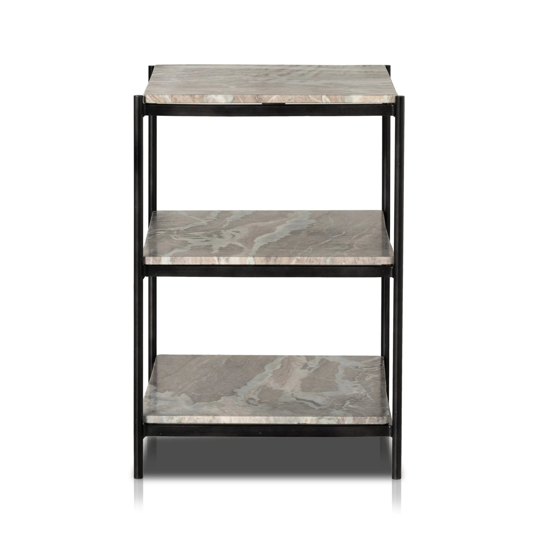 Add a pop of sophistication to any space. Naturally variegated marble hues offer three refreshing tiers of smooth shelving for plenty of space, while hammered grey-finished iron framing places a feminine, high-contrast spin on bedside storage Amethyst Home provides interior design, new home construction design consulting, vintage area rugs, and lighting in the Salt Lake City metro area.