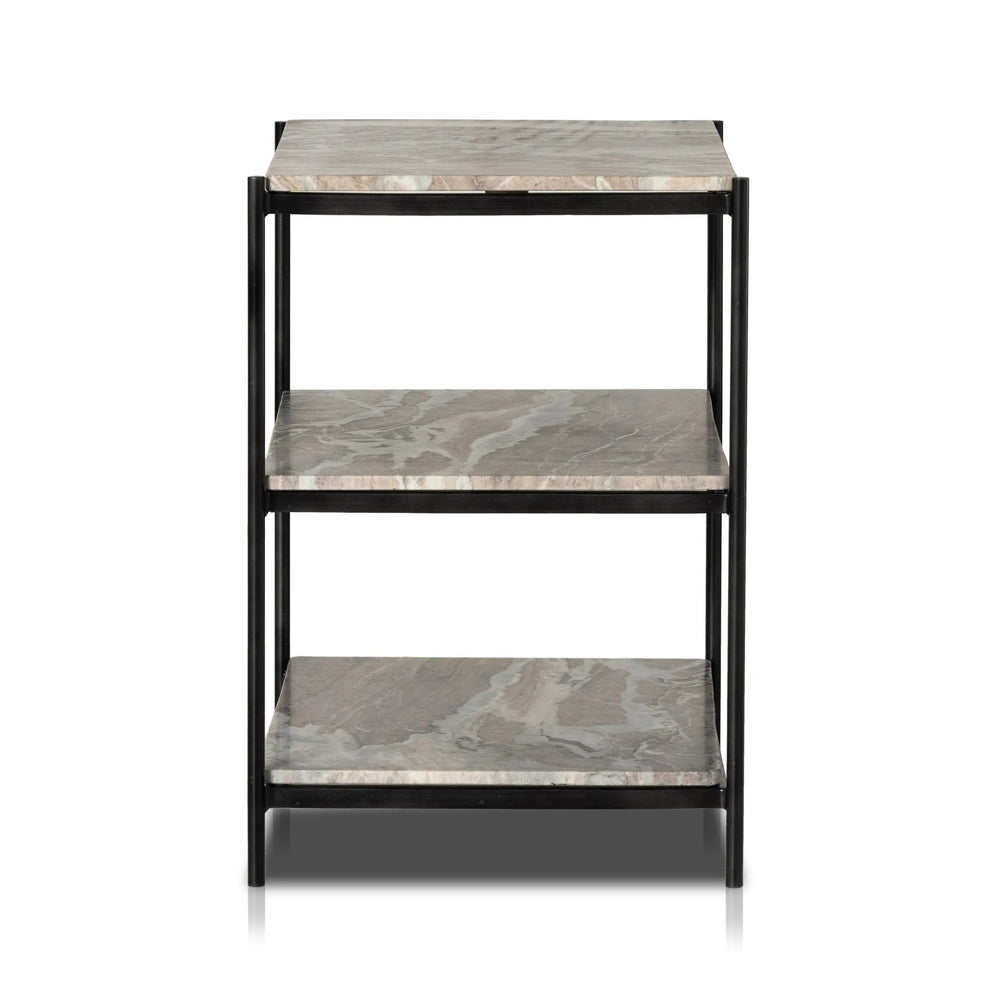 Add a pop of sophistication to any space. Naturally variegated marble hues offer three refreshing tiers of smooth shelving for plenty of space, while hammered grey-finished iron framing places a feminine, high-contrast spin on bedside storage Amethyst Home provides interior design, new home construction design consulting, vintage area rugs, and lighting in the Salt Lake City metro area.