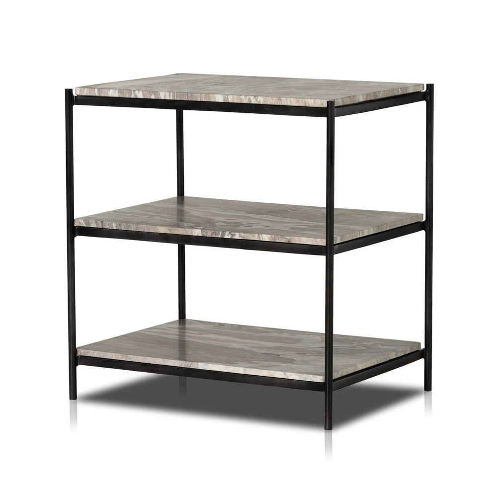 Add a pop of sophistication to any space. Naturally variegated marble hues offer three refreshing tiers of smooth shelving for plenty of space, while hammered grey-finished iron framing places a feminine, high-contrast spin on bedside storage Amethyst Home provides interior design, new home construction design consulting, vintage area rugs, and lighting in the Scottsdale metro area.