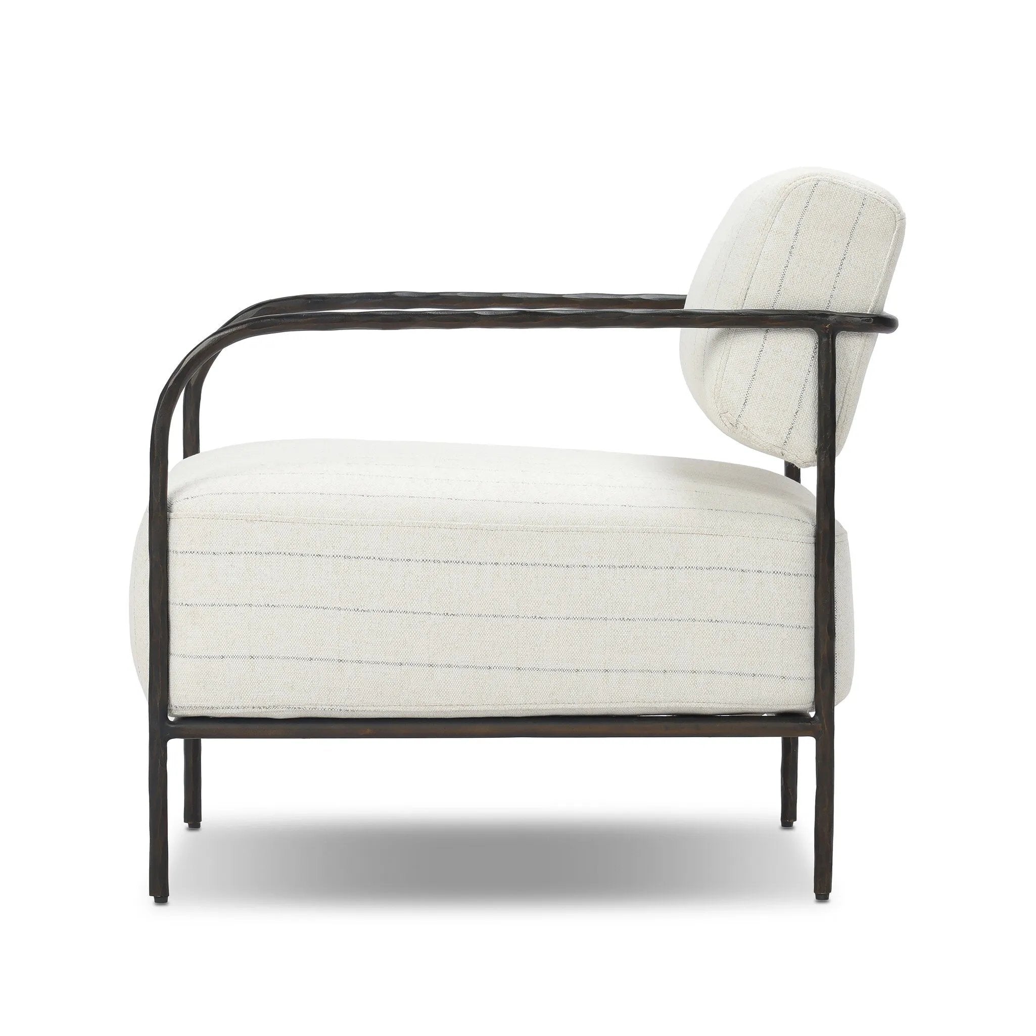 A slim take on a timeless silhouette. Hammered iron frames a squared seat and bolster back upholstered in striped, neutral fabric. Cover or store inside during inclement weather and when not in use.As enthusiasts of organic modern style at Amethyst, we love the nature inspired Fenn Outdoor Chair - Amalfi Natural. Amethyst Home provides interior design, new home construction design consulting, vintage area rugs, and lighting in the San Diego metro area.