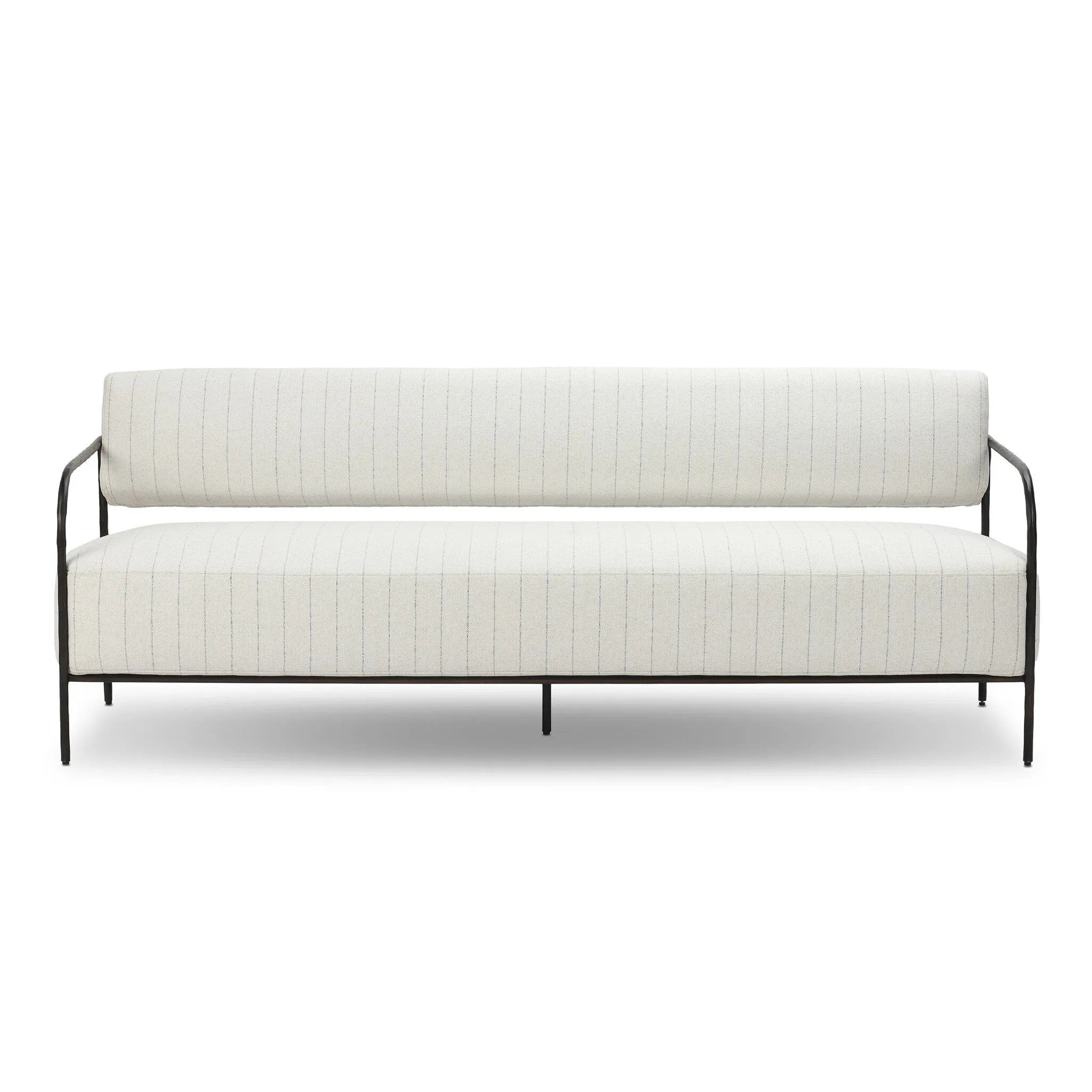 A slim take on a timeless silhouette. Hammered iron frames a squared seat and bolster back upholstered in striped, neutral fabric. Cover or store inside during inclement weather and when not in use.As enthusiasts of modern design at Amethyst, we love the nature inspired Fenn Outdoor Sofa-78" - Amalfi Natural. Amethyst Home provides interior design, new home construction design consulting, vintage area rugs, and lighting in the Kansas City metro area.