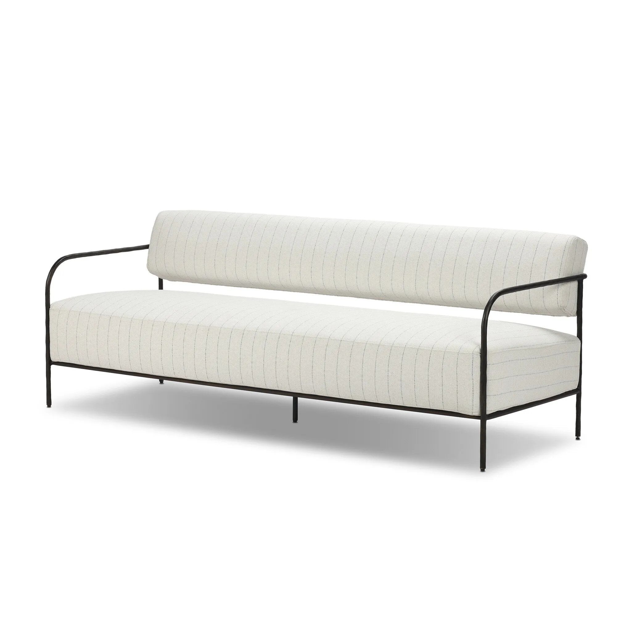 A slim take on a timeless silhouette. Hammered iron frames a squared seat and bolster back upholstered in striped, neutral fabric. Cover or store inside during inclement weather and when not in use.As enthusiasts of modern design at Amethyst, we love the nature inspired Fenn Outdoor Sofa-78" - Amalfi Natural. Amethyst Home provides interior design, new home construction design consulting, vintage area rugs, and lighting in the Miami metro area.