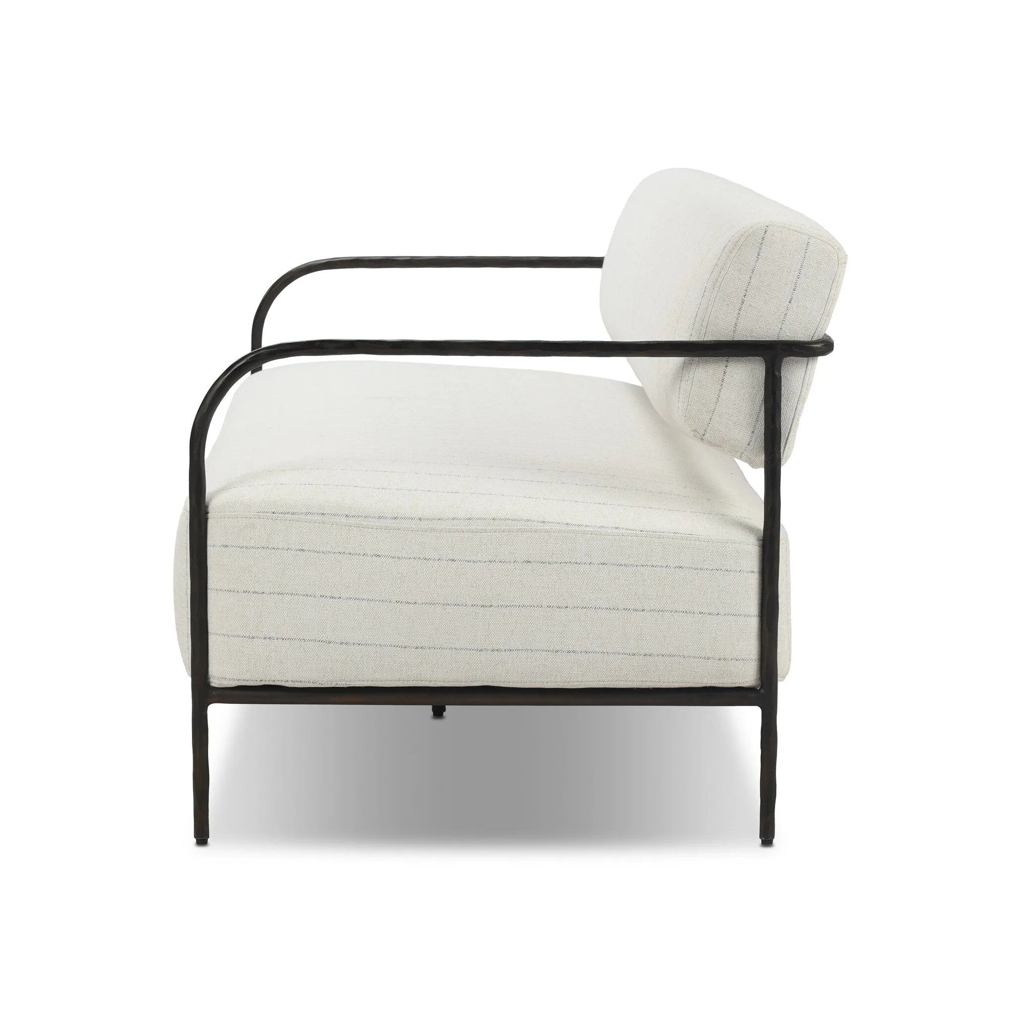 A slim take on a timeless silhouette. Hammered iron frames a squared seat and bolster back upholstered in striped, neutral fabric. Cover or store inside during inclement weather and when not in use.As enthusiasts of modern design at Amethyst, we love the nature inspired Fenn Outdoor Sofa-78" - Amalfi Natural. Amethyst Home provides interior design, new home construction design consulting, vintage area rugs, and lighting in the San Diego metro area.