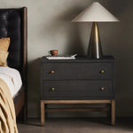 Featuring Fiona Black Raffia Nightstand by Four Hands at Amethyst Home. Woven black raffia offers a texture-driven take on bedside storage. Antique brass-finished iron hardware adorns dual drawers supported by a solid mahogany base.Overall Dimensions: 30.00"w x 17.00"d x 26.50"hWeight : 59.74 lbsMaterials: Sugar Palm, Solid Mahogany, Iron. Amethyst Home provides interior design, new home construction design consulting, vintage area rugs, and lighting in the Monterey metro area.