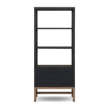 Woven black raffia drawers offer closed storage and a texture-driven take on book shelving. Antique brass-finished hardware adds a touch of vintage detailing, all framed within solid mahogany Amethyst Home provides interior design, new home construction design consulting, vintage area rugs, and lighting in the Dallas metro area.