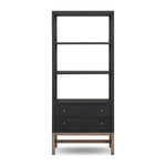 Woven black raffia drawers offer closed storage and a texture-driven take on book shelving. Antique brass-finished hardware adds a touch of vintage detailing, all framed within solid mahogany Amethyst Home provides interior design, new home construction design consulting, vintage area rugs, and lighting in the Laguna Beach metro area.