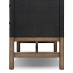 Woven black raffia drawers offer closed storage and a texture-driven take on book shelving. Antique brass-finished hardware adds a touch of vintage detailing, all framed within solid mahogany Amethyst Home provides interior design, new home construction design consulting, vintage area rugs, and lighting in the Nashville metro area.