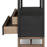 Woven black raffia drawers offer closed storage and a texture-driven take on book shelving. Antique brass-finished hardware adds a touch of vintage detailing, all framed within solid mahogany Amethyst Home provides interior design, new home construction design consulting, vintage area rugs, and lighting in the San Diego metro area.