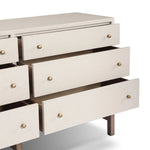 Featuring Fiona Ivory Painted Raffia 6 Drawer Dresser by Four Hands at Amethyst Home. Indulge in luxury with the Fiona Ivory Painted Raffia 6 Drawer Dresser. This elegant dresser boasts a sophisticated ivory painted finish and hand-woven raffia drawers. With six spacious drawers, it offers ample storage space while adding a touch of exclusivity to any bedro. Amethyst Home provides interior design, new home construction design consulting, vintage area rugs, and lighting in the San Diego metro area.