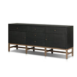 Featuring Fiona Russet Mahogany Sideboard by Four Hands at Amethyst Home. Woven black raffia places a texture-driven twist on sideboard storage. Five roomy drawers and two cabinets feature simple hardware finished in an antique brass, all supported by an open, airy base of solid mahogany.Overall Dimensions: 78.00"w x 18.00"d x 34.50"hWeight : 197.75 lbsMate. Amethyst Home provides interior design, new home construction design consulting, vintage area rugs, and lighting in the Calabasas metro area.