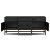 Featuring Fiona Russet Mahogany Sideboard by Four Hands at Amethyst Home. Woven black raffia places a texture-driven twist on sideboard storage. Five roomy drawers and two cabinets feature simple hardware finished in an antique brass, all supported by an open, airy base of solid mahogany.Overall Dimensions: 78.00"w x 18.00"d x 34.50"hWeight : 197.75 lbsMat. Amethyst Home provides interior design, new home construction design consulting, vintage area rugs, and lighting in the Des Moines metro area.