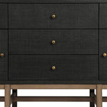 Featuring Fiona Russet Mahogany Sideboard by Four Hands at Amethyst Home. Woven black raffia places a texture-driven twist on sideboard storage. Five roomy drawers and two cabinets feature simple hardware finished in an antique brass, all supported by an open, airy base of solid mahogany.Overall Dimensions: 78.00"w x 18.00"d x 34.50"hWeight : 197.75 lbs. Amethyst Home provides interior design, new home construction design consulting, vintage area rugs, and lighting in the Newport Beach metro area.