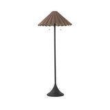 Textures and deep hues unite for this floor lamp's beautiful glow. The scalloped shade features a dark canvas exterior covering an antiqued brass interior, and wrought iron pull chains adjust each lightbulb in Baroque-era form Amethyst Home provides interior design, new home construction design consulting, vintage area rugs, and lighting in the Houston metro area.