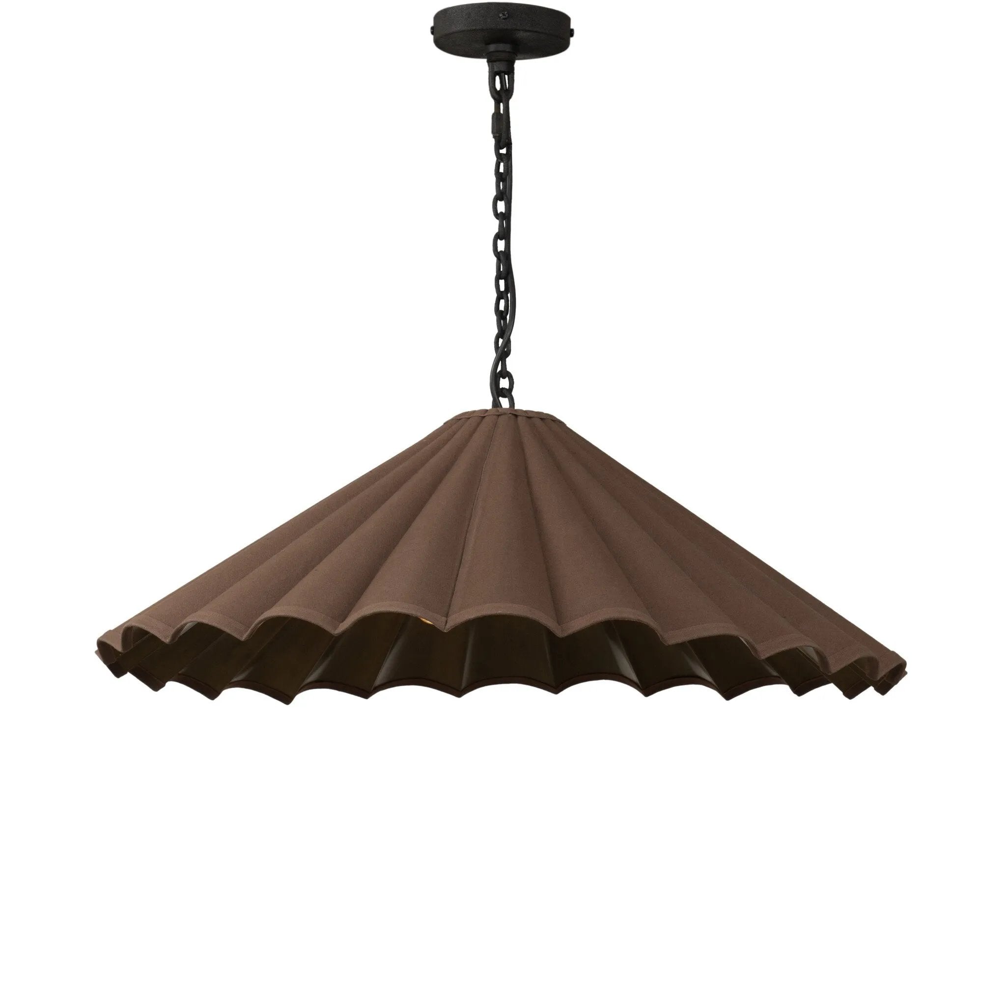 Textures and deep hues unite for this pendant's beautiful glow. The overscale scalloped shade features a dark canvas exterior covering an antiqued brass interior, and a wrought iron chain for maximum drama Amethyst Home provides interior design, new home construction design consulting, vintage area rugs, and lighting in the Tampa metro area.