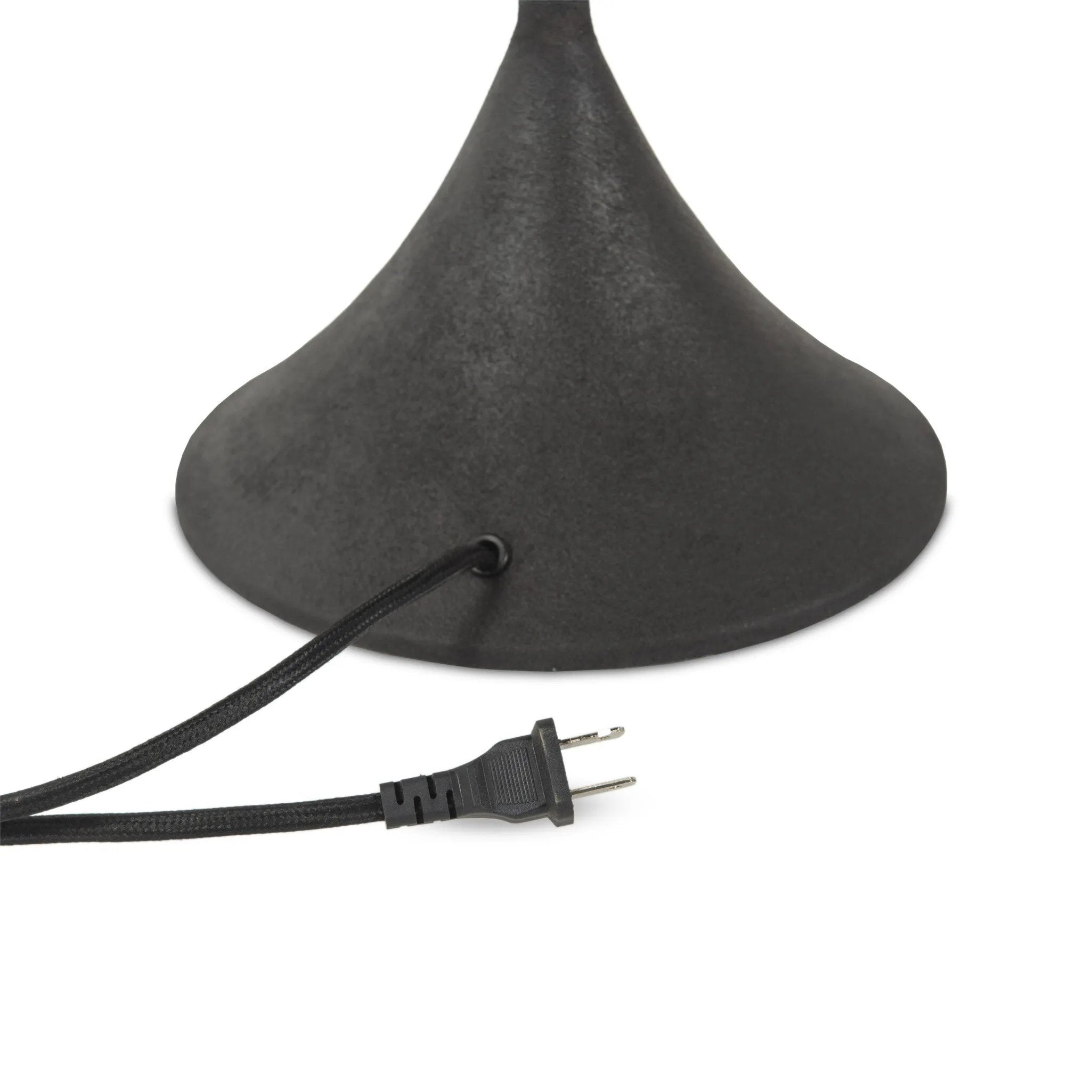 Textures and deep hues unite for this table lamp's beautiful glow. The overscale scalloped shade features a dark canvas exterior covering an antiqued brass interior, and wrought iron pull chains adjust each lightbulb in Baroque-era form Amethyst Home provides interior design, new home construction design consulting, vintage area rugs, and lighting in the Nashville metro area.