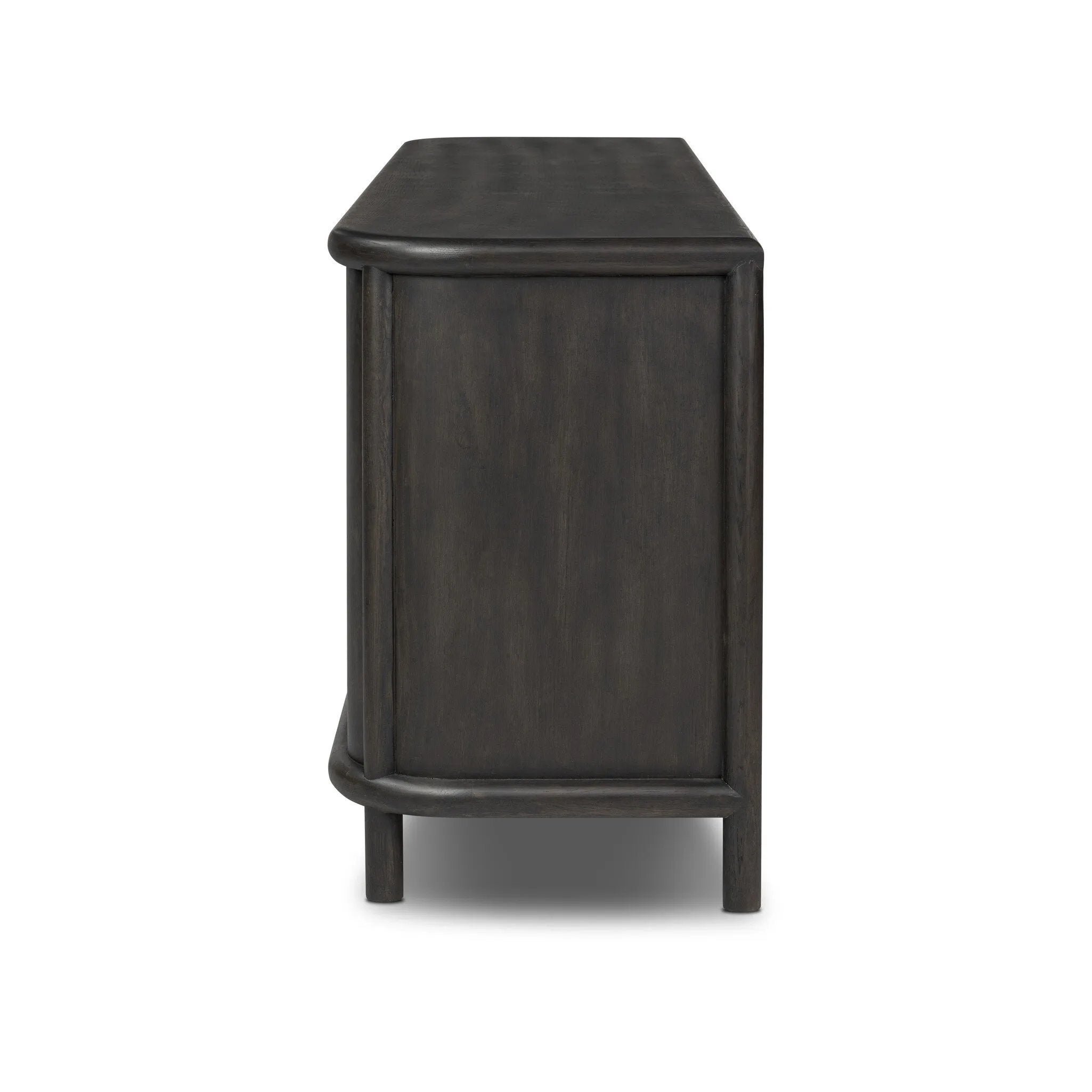 Large cylinder framework defines this oak sideboard with a warm oak finish. Curved lines add softness, while delicate hardware provides a visual contrast against the sideboard's substantial size Amethyst Home provides interior design, new home construction design consulting, vintage area rugs, and lighting in the Houston metro area.