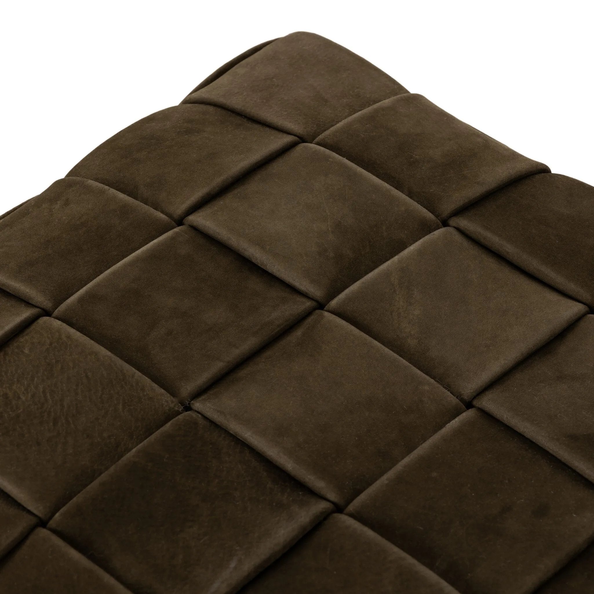 Soft, specialized top-grain leather is hand-woven, crafting a look of a treasured vintage find. Use as bonus seating or style with a tray for an extra surface Amethyst Home provides interior design, new home construction design consulting, vintage area rugs, and lighting in the Dallas metro area.