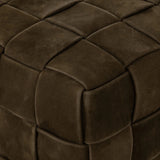 Soft, specialized top-grain leather is hand-woven, crafting a look of a treasured vintage find. Use as bonus seating or style with a tray for an extra surface Amethyst Home provides interior design, new home construction design consulting, vintage area rugs, and lighting in the Miami metro area.