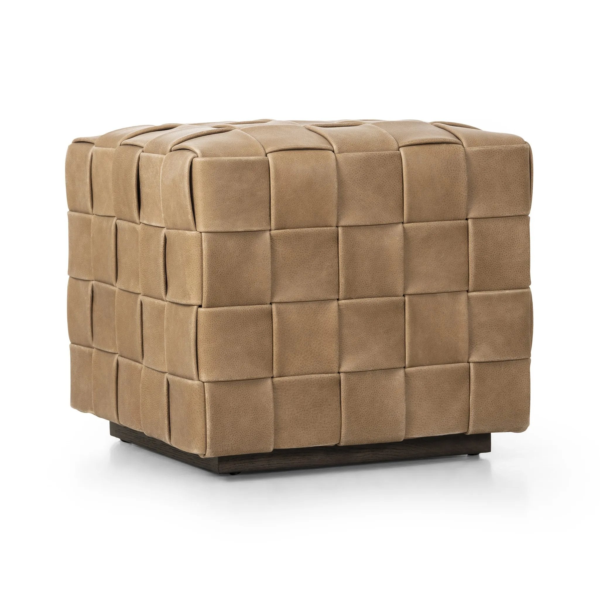 Featuring Flores Palermo Drift Ottoman by Four Hands at Amethyst Home. Soft, specialized top-grain leather is hand-woven, crafting a look of a treasured vintage find. Use as bonus seating or style with a tray for an extra surface.Overall Dimensions: 19.50"w x 19.50"d x 17.00"hWeight : 31.31 lbsMaterials: Top Grain Leather, Solid Oak, 100% Polyester. Amethyst Home provides interior design, new home construction design consulting, vintage area rugs, and lighting in the Alpharetta metro area.