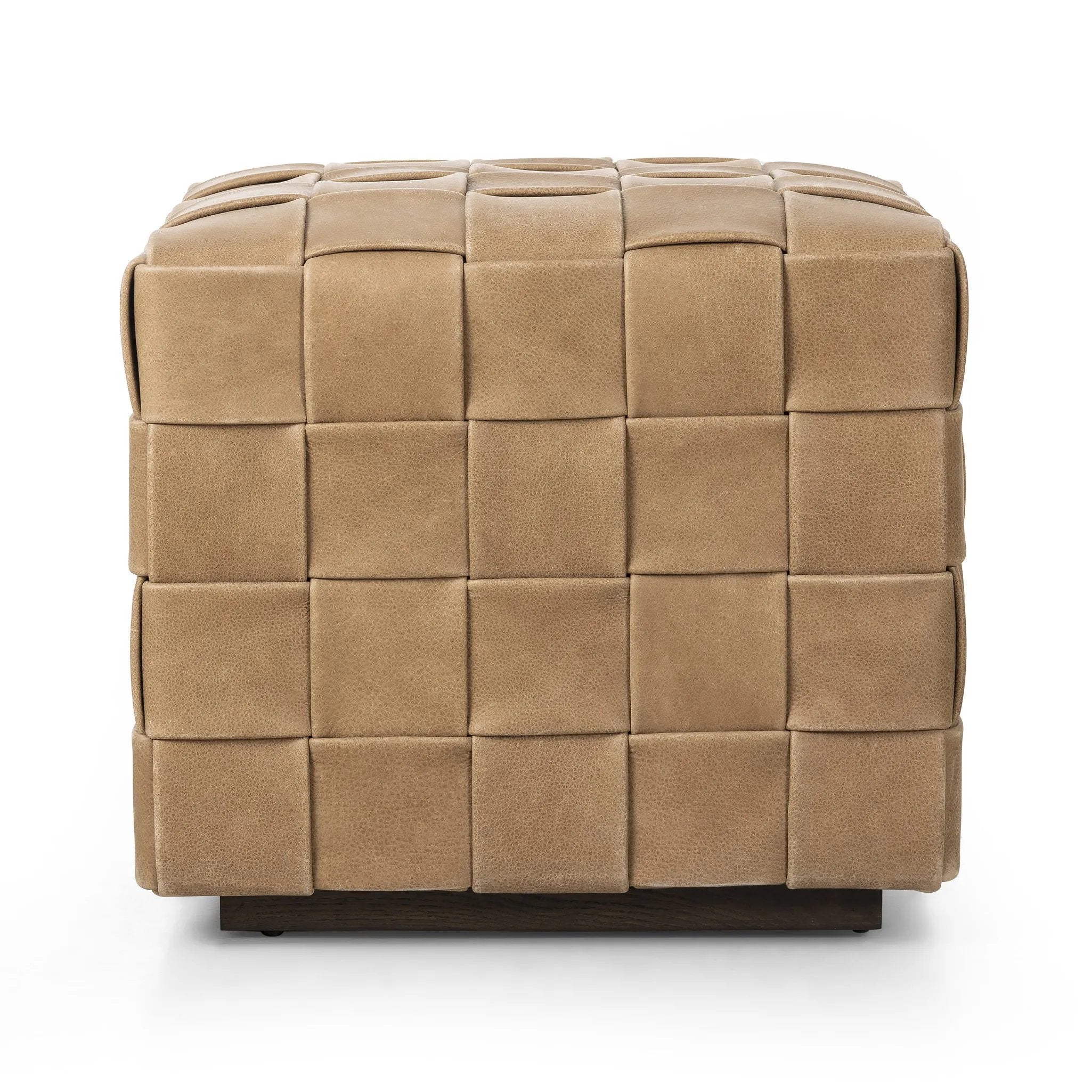 Featuring Flores Palermo Drift Ottoman by Four Hands at Amethyst Home. Soft, specialized top-grain leather is hand-woven, crafting a look of a treasured vintage find. Use as bonus seating or style with a tray for an extra surface.Overall Dimensions: 19.50"w x 19.50"d x 17.00"hWeight : 31.31 lbsMaterials: Top Grain Leather, Solid Oak, 100% Polyester. Amethyst Home provides interior design, new home construction design consulting, vintage area rugs, and lighting in the Washington metro area.