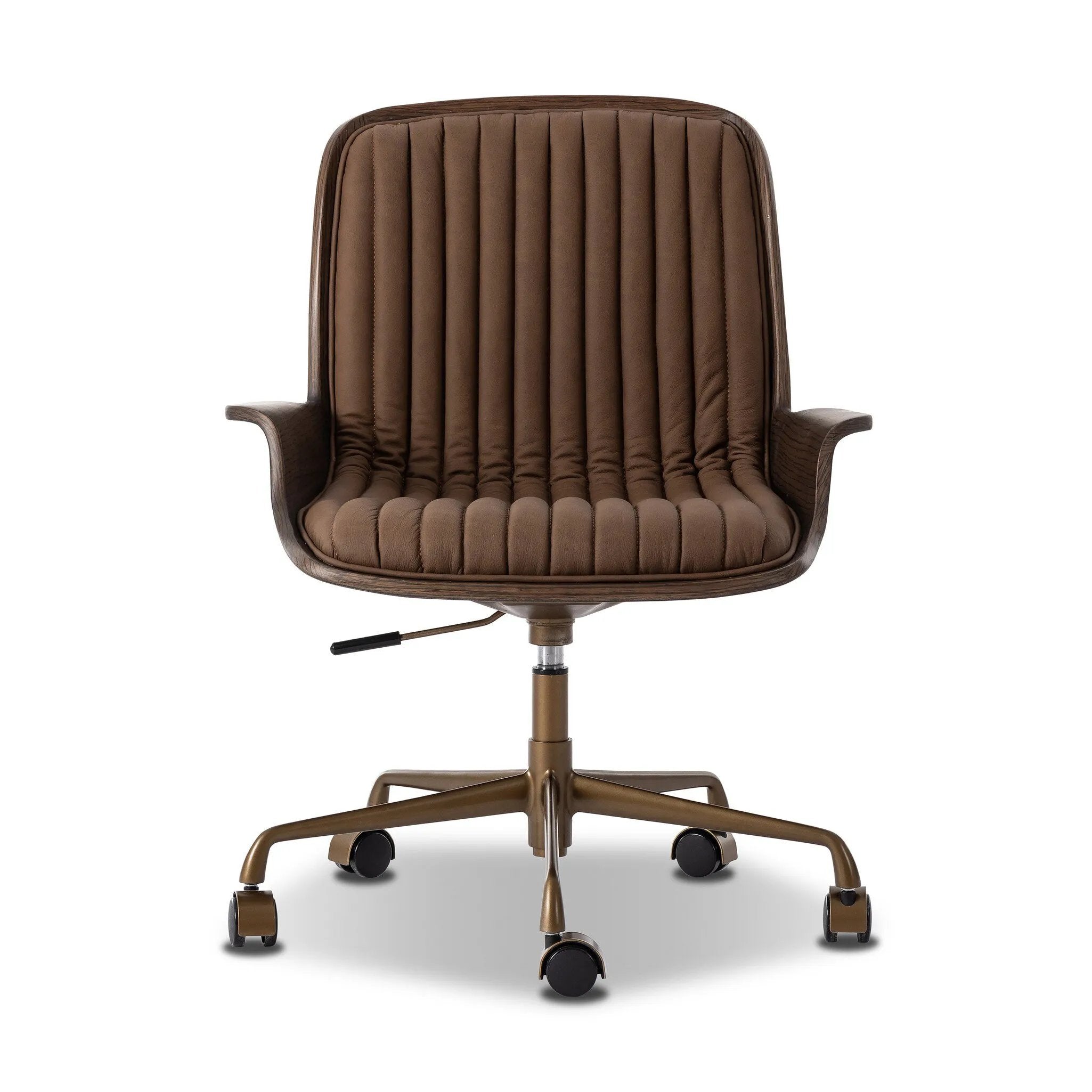 Elevate the office with one easy piece. Inspired by midcentury molded plywood chairs, brown oak veneer frames top-grain leather seat cushioning with slim, soft channeling. A 360-degree swivel burnished brass-finished base with casters allows for easy movement. Amethyst Home provides interior design, new home construction design consulting, vintage area rugs, and lighting in the Washington metro area.