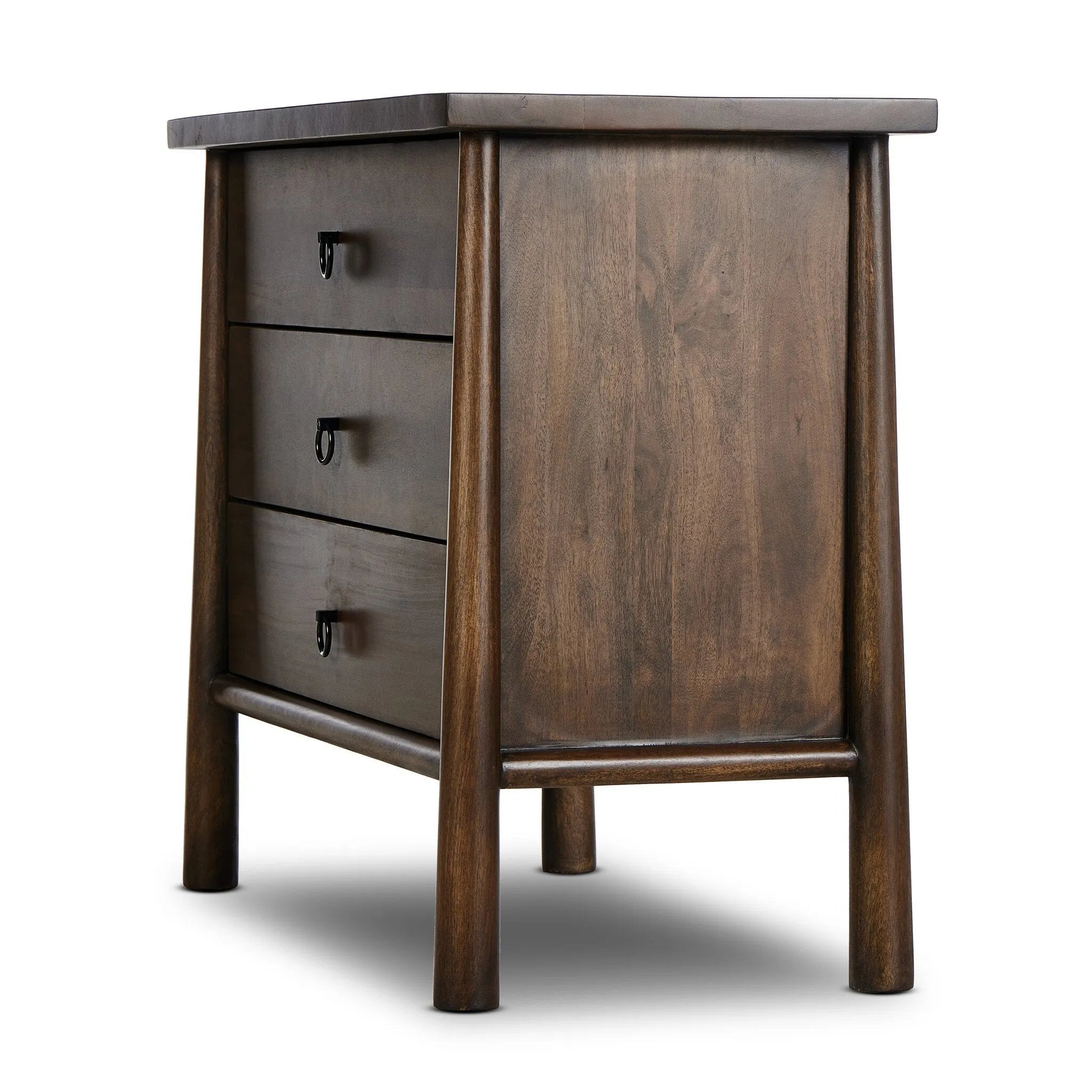 Inspired by French antique design, this dresser stands on round tapered legs with a prominent overhang top. Made of mango wood with cast iron key ring pulls, three drawers make it a versatile choice as a dresser or nightstand.Collection: May Amethyst Home provides interior design, new home construction design consulting, vintage area rugs, and lighting in the Nashville metro area.