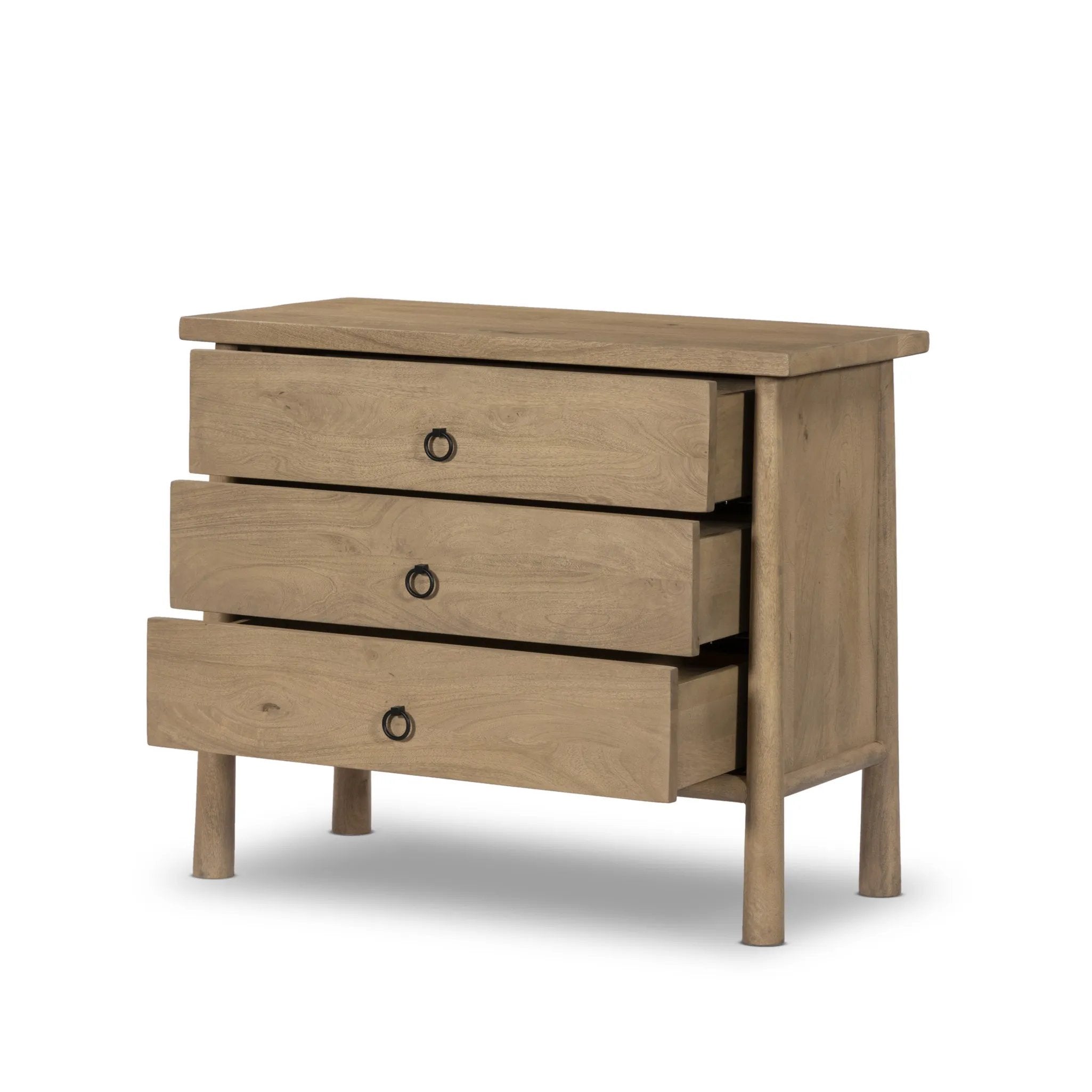 Featuring Freddie Caramel Mango Chest by Four Hands at Amethyst Home. Inspired by French antique design, this dresser stands on round tapered legs with a prominent overhang top. Made of mango wood with cast iron key ring pulls, three drawers make it a versatile choice as a dresser or nightstand.Overall Dimensions: 40.00"w x 20.00"d x 34.00"hWeight : 108.03 lbsM. Amethyst Home provides interior design, new home construction design consulting, vintage area rugs, and lighting in the Miami metro area.