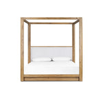 Minimalist and modern, this platform-style canopy bed is framed to a low profile and softened with an upholstered headboard. 