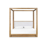 Minimalist and modern, this platform-style canopy bed is framed to a low profile and softened with an upholstered headboard. 