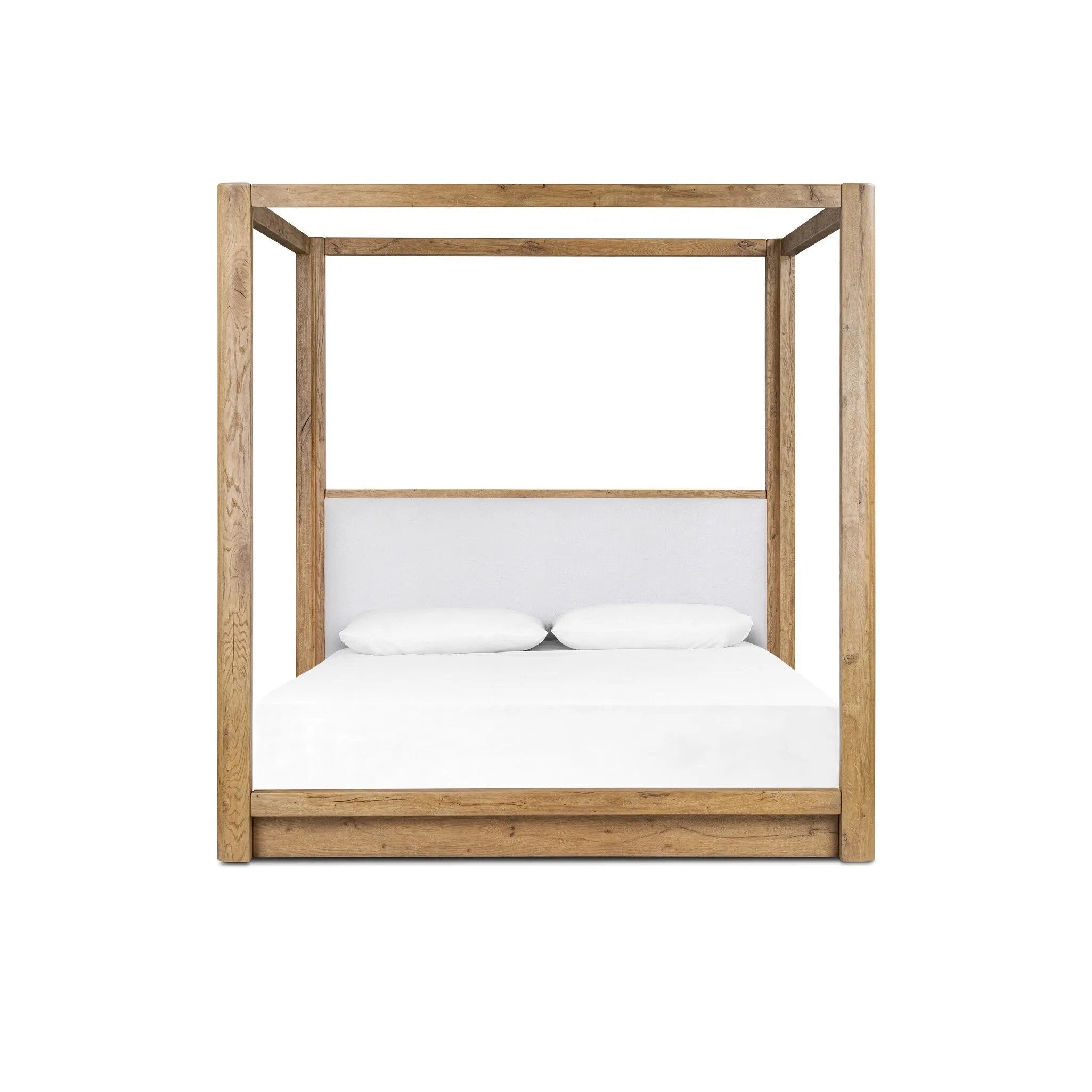 Minimalist and modern, this platform-style canopy bed is framed to a low profile and softened with an upholstered headboard. 