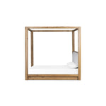 Minimalist and modern, this platform-style canopy bed is framed to a low profile and softened with an upholstered headboard. 