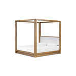 Minimalist and modern, this platform-style canopy bed is framed to a low profile and softened with an upholstered headboard. 