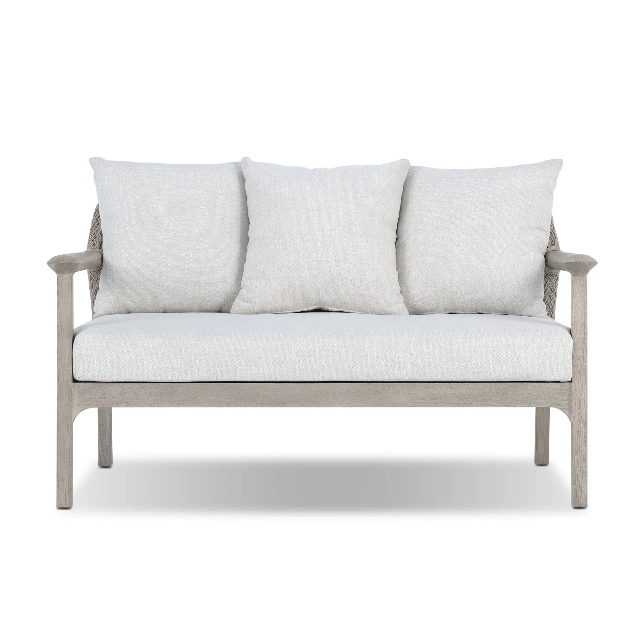 Dove-grey teak with a washed finish, linen-like upholstery and a braided woven seatback blend together for a monochromatic look on this outdoor sofa, perfect for small spaces. The slightly sun-aged look comes together for a style that evokes coastal vibes. Cover or store inside during inclement weather or when not in use. Amethyst Home provides interior design, new home construction design consulting, vintage area rugs, and lighting in the Newport Beach metro area.