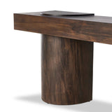 Made from thick-cut oak with a deep, dark brown finish, an asymmetric base features pillar-style legs, with an oyster-cut detail on the top of each leg. The result: a show-stopping silhouette. This item has limited online distribution and may not be sold on websites without prior approval. Visit the FAQ page in our Help Center for more details. Amethyst Home provides interior design, new home construction design consulting, vintage area rugs, and lighting in the Austin metro area.