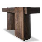 Made from thick-cut oak with a deep, dark brown finish, an asymmetric base features pillar-style legs, with an oyster-cut detail on the top of each leg. The result: a show-stopping silhouette. This item has limited online distribution and may not be sold on websites without prior approval. Visit the FAQ page in our Help Center for more details. Amethyst Home provides interior design, new home construction design consulting, vintage area rugs, and lighting in the Des Moines metro area.
