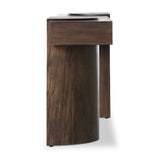 Made from thick-cut oak with a deep, dark brown finish, an asymmetric base features pillar-style legs, with an oyster-cut detail on the top of each leg. The result: a show-stopping silhouette. This item has limited online distribution and may not be sold on websites without prior approval. Visit the FAQ page in our Help Center for more details. Amethyst Home provides interior design, new home construction design consulting, vintage area rugs, and lighting in the Monterey metro area.