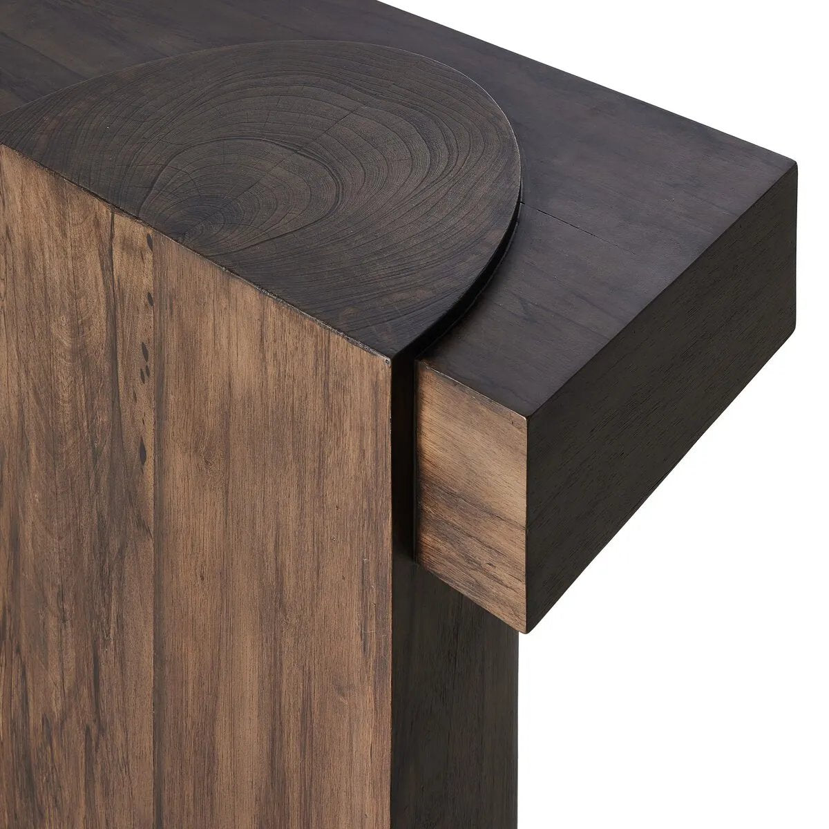 Made from thick-cut oak with a deep, dark brown finish, an asymmetric base features pillar-style legs, with an oyster-cut detail on the top of each leg. The result: a show-stopping silhouette. This item has limited online distribution and may not be sold on websites without prior approval. Visit the FAQ page in our Help Center for more details. Amethyst Home provides interior design, new home construction design consulting, vintage area rugs, and lighting in the Nashville metro area.