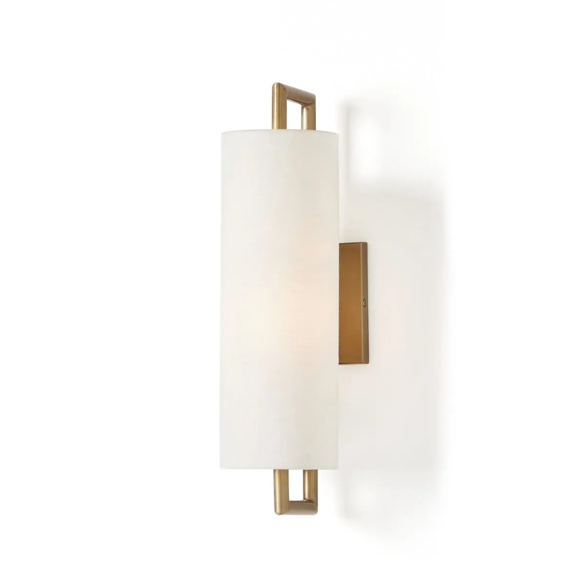 Featuring a single, elongated linen shade, this sconce gracefully diffuses light and is mounted on a streamlined aged brass frame for a sleek, contemporary look.Collection: Camde Amethyst Home provides interior design, new home construction design consulting, vintage area rugs, and lighting in the Calabasas metro area.