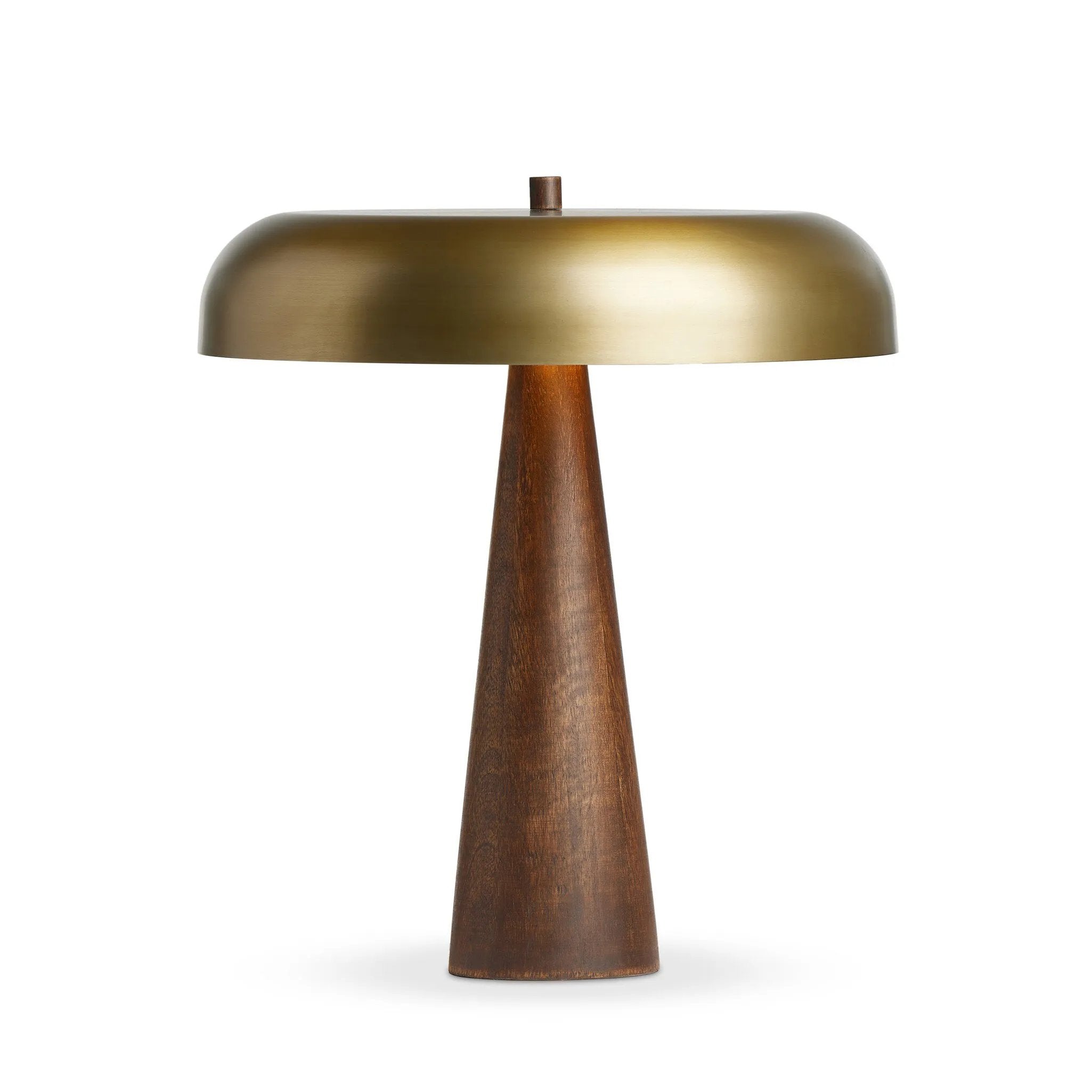 Featuring Griffin Russet Mango Table Lamp by Four Hands at Amethyst Home. A stylish nod to midcentury mushroom lamps, this beautifully scaled wooden lamp features a gleaming metal shade finished in aged brass. It's topped with a small wood finial to complete the look.Overall Dimensions: 20.00"w x 20.00"d x 22.75"hWeight : 15.78 lbsMaterials : Solid Mango,. Amethyst Home provides interior design, new home construction design consulting, vintage area rugs, and lighting in the Los Angeles metro area.