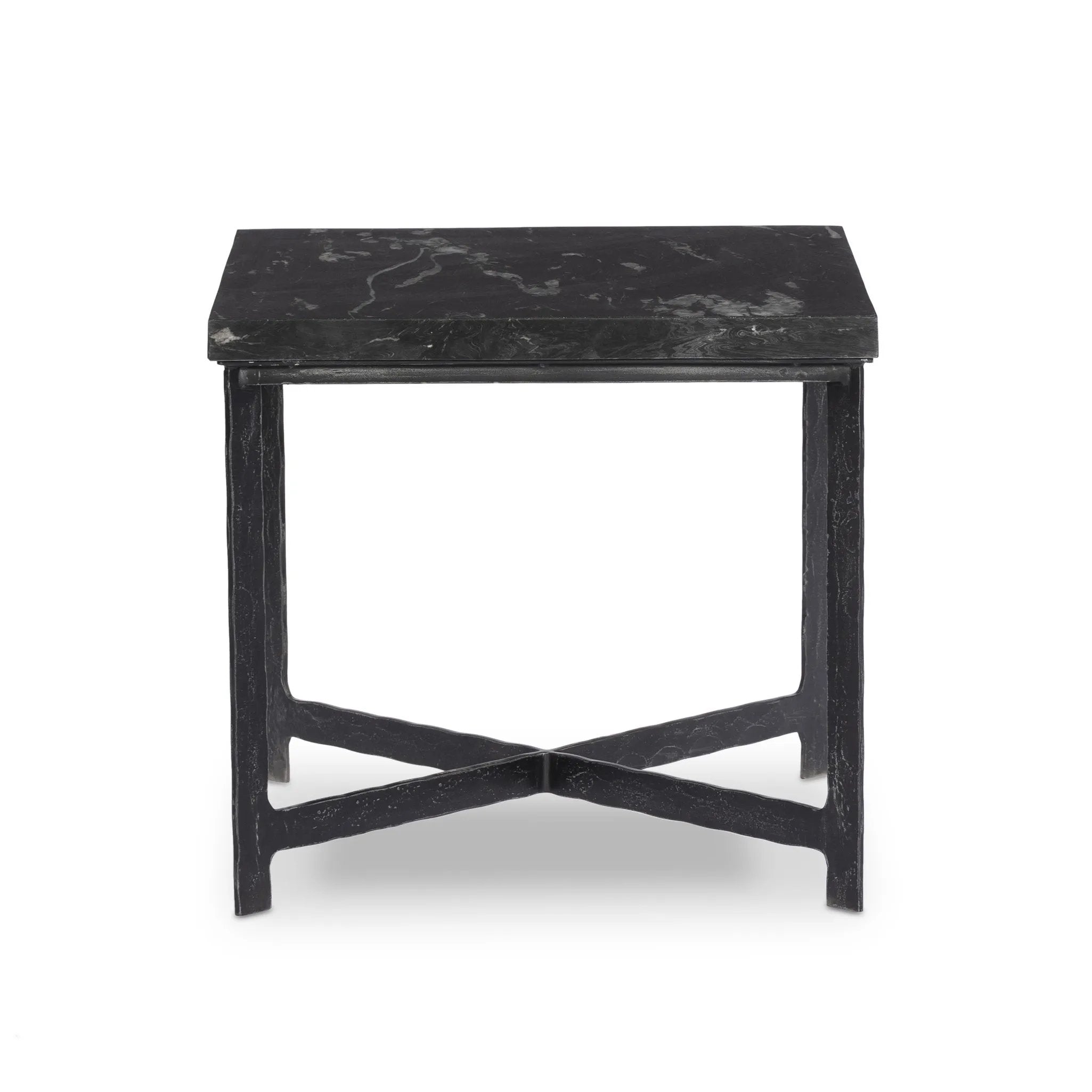 Featuring Hammered Charcoal Marble Iron End Table by Four Hands at Amethyst Home. An open, hand-hammered base of black iron supports a squared top of charcoal marble, for a beautifully streamlined look with rustic vibes.Overall Dimensions: 24.00"w x 24.00"d x 22.25"hWeight : 89.90 lbsMaterials: Solid Marble, Iron, Engineered Hardwood. Amethyst Home provides interior design, new home construction design consulting, vintage area rugs, and lighting in the Park City metro area.