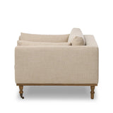 With traditional details like turned oak legs and brass casters, this low-profile accent chair features an elongated bench seat for an inviting sit. Performance fabric in neutral wheat finishes a knife-edge back and boxed arm cushions Amethyst Home provides interior design, new home construction design consulting, vintage area rugs, and lighting in the Nashville metro area.